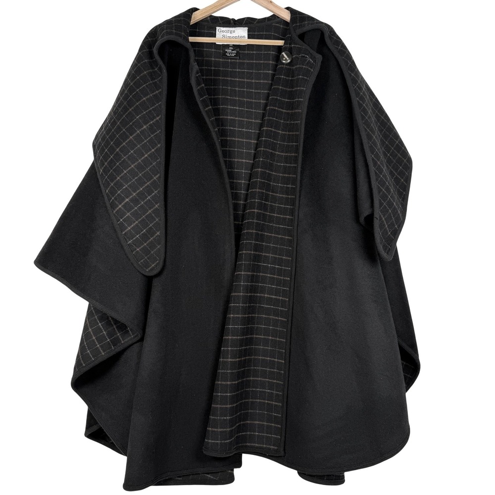 George Simonton Womens Wool Blend Cape Plaid Reversible Black Poncho ML Coat‎